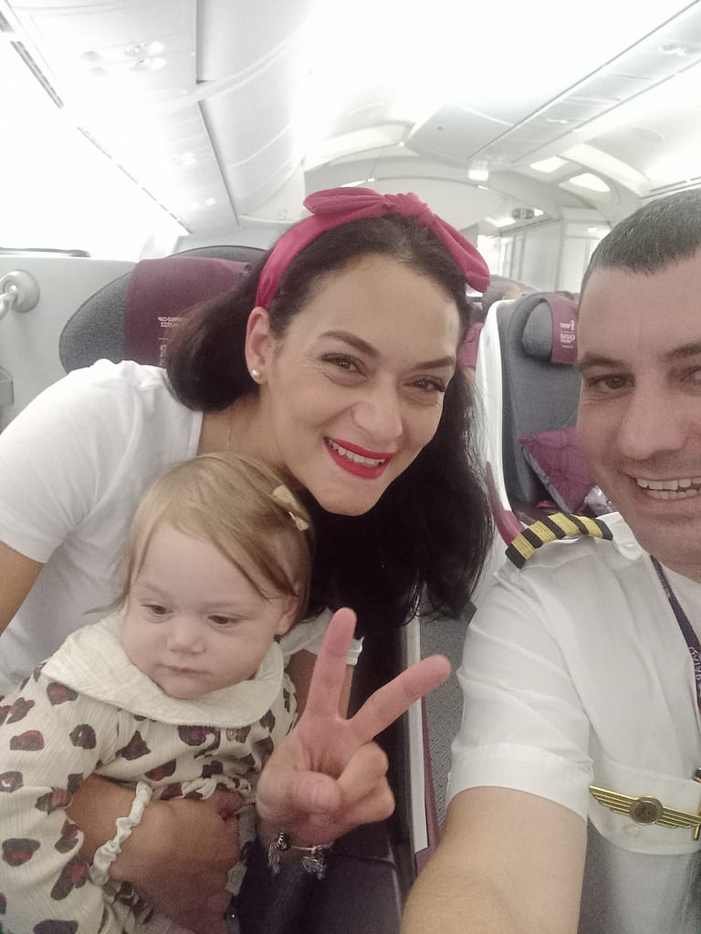 picture with the pilot. traveling with a toddler